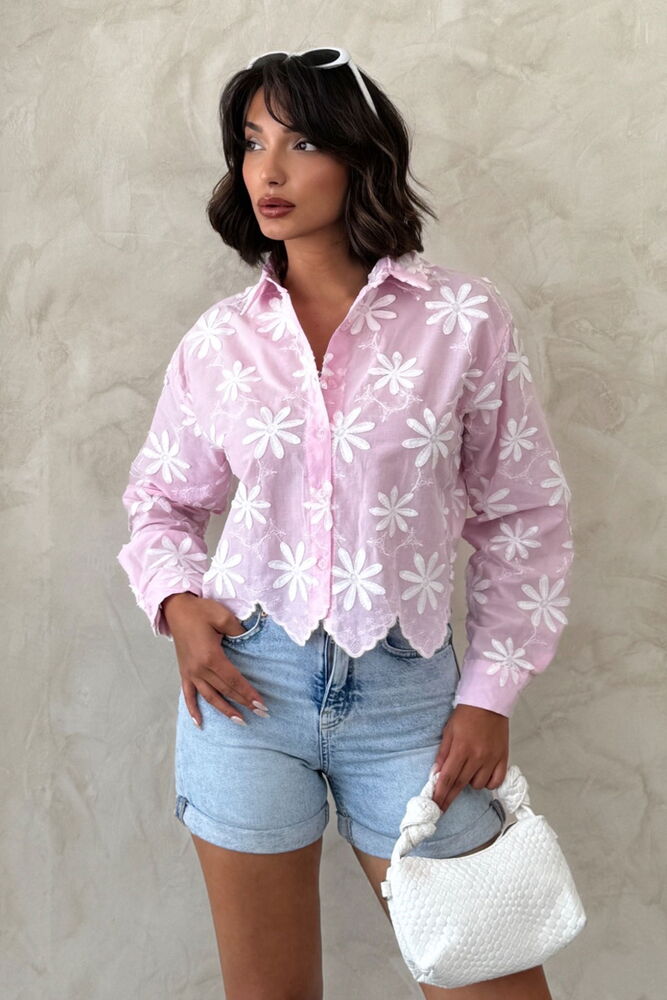 Pembe Gündelik Çiçekli Düğmeli Gömlek