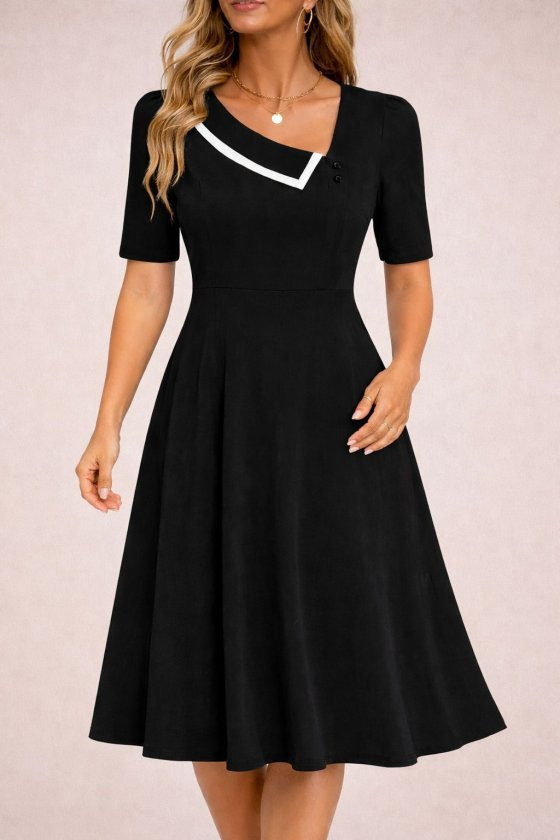 Zarif Siyah Fit & Flare Midi Elbise