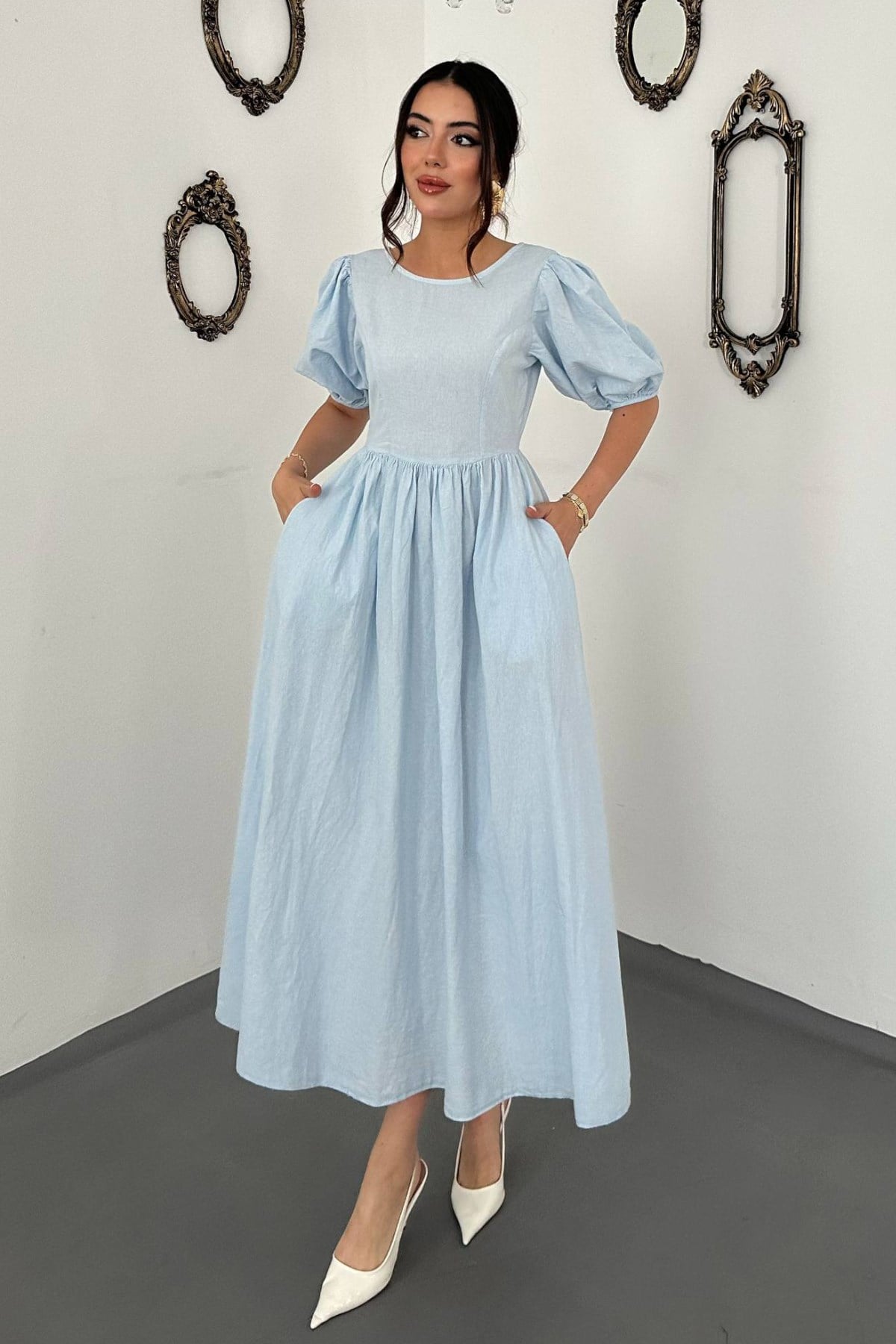 Mavi Fit & Flare Maksi Elbise  Karpuz Yarım Kollu