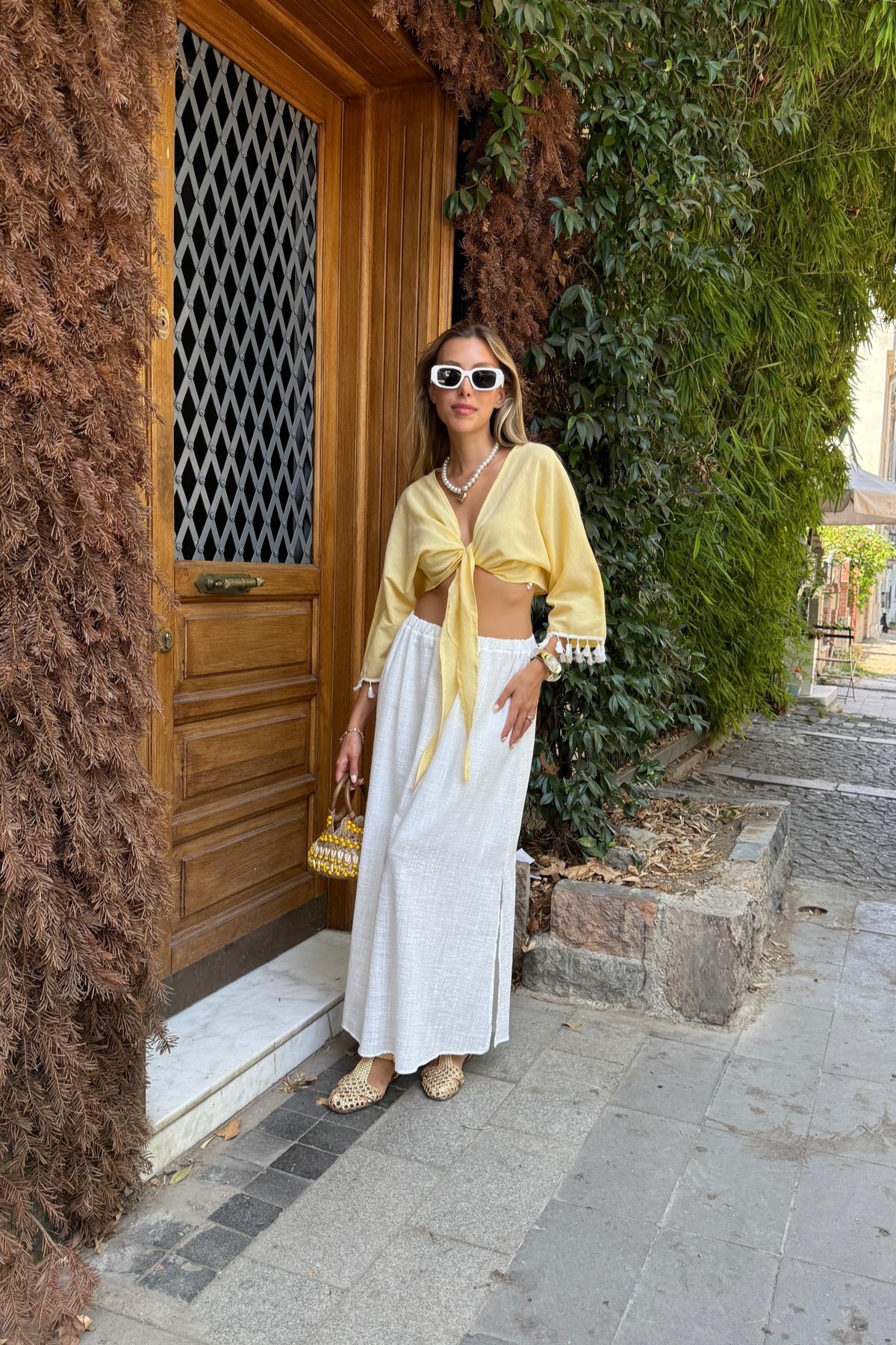 Sarı Boho Crop Bluz V Yakalı Ve 3/4 Düz Kollu