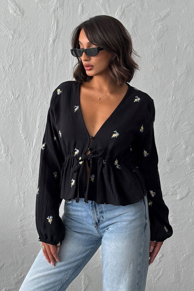 Siyah Çiçekli Günlük Boho Bluz V Yakalı