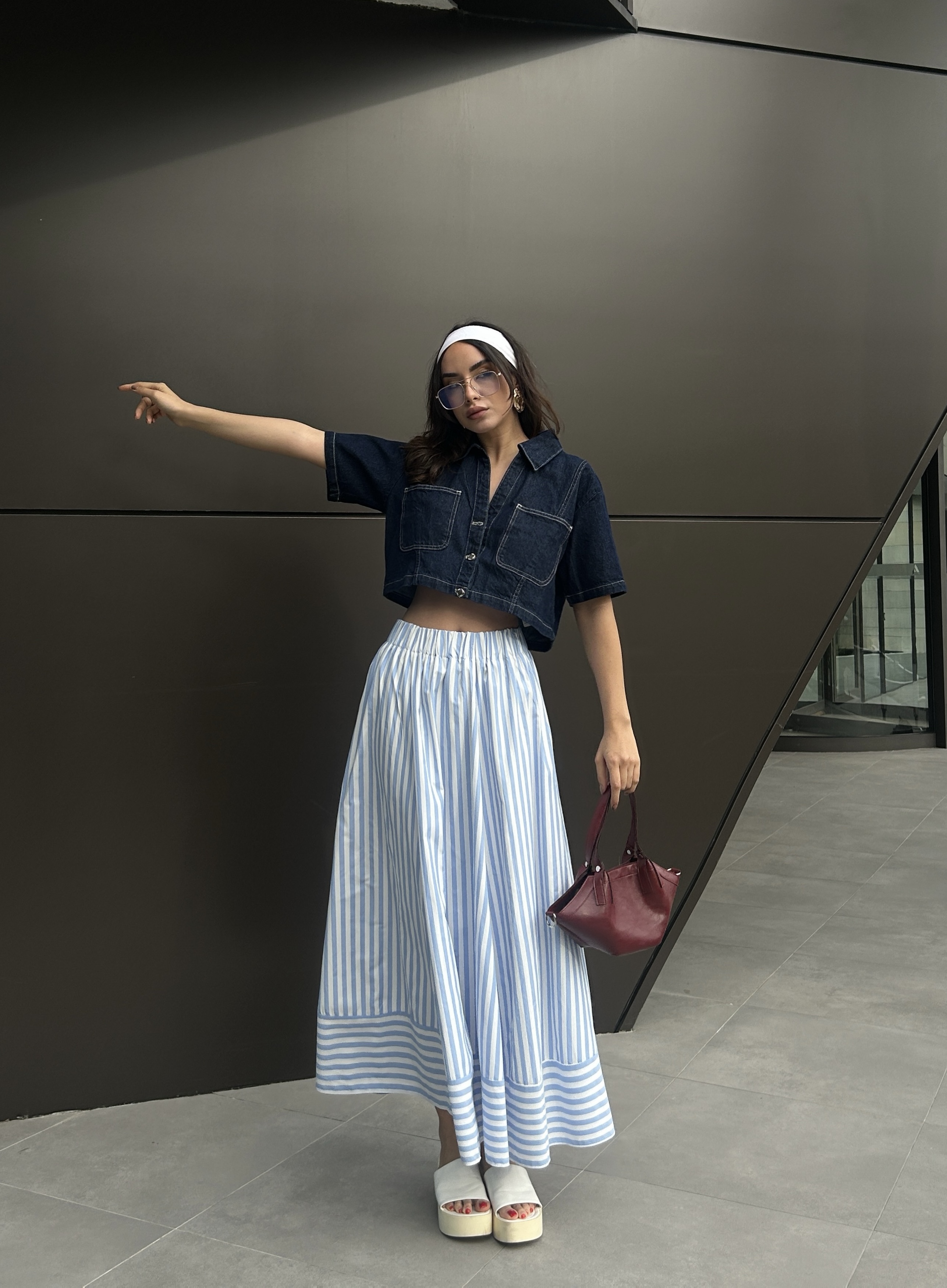 Mavi Çizgili Poplin Beli Lastikli Astarlı Uzun Etek 29080