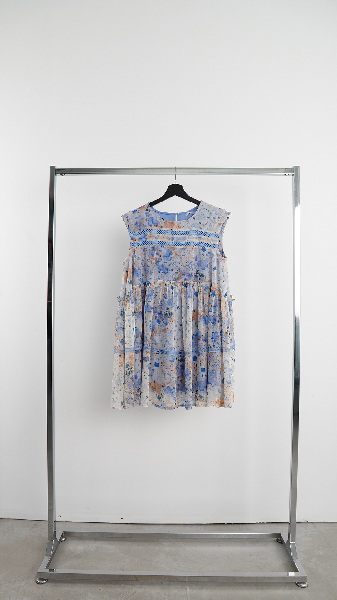 Mavi Babydoll Elbise Mini Çiçekli Kolsuz Boho Yazlık