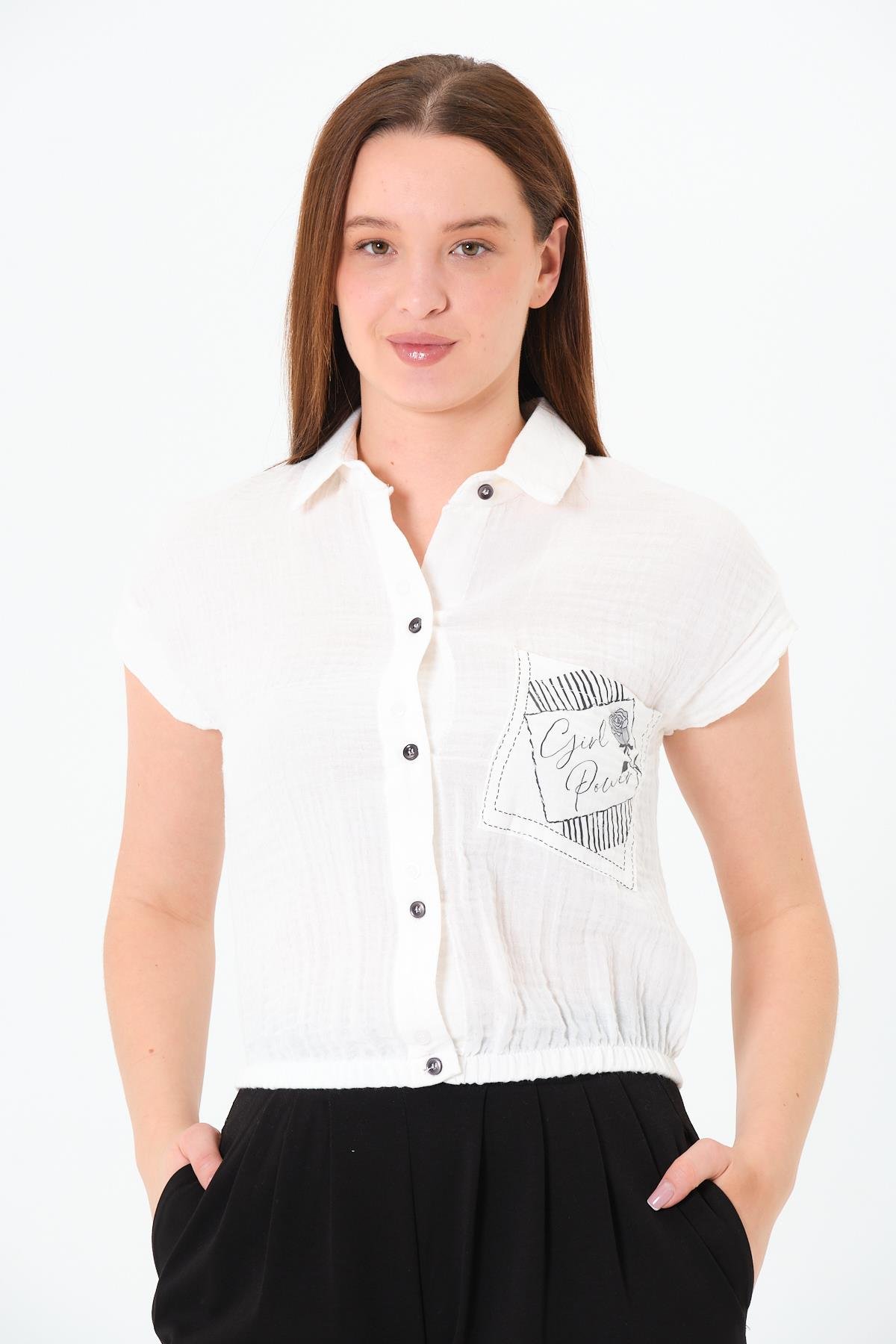 Beyaz Günlük Polo Yaka Crop Gömlek