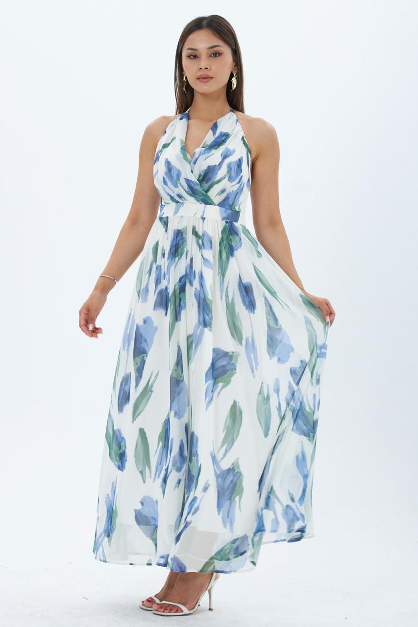 Şık Mavi Wrap Elbise Halter Yaka Ile