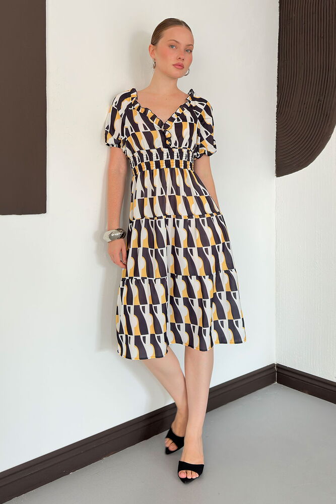 Siyah V Yaka Fit & Flare Midi Elbise