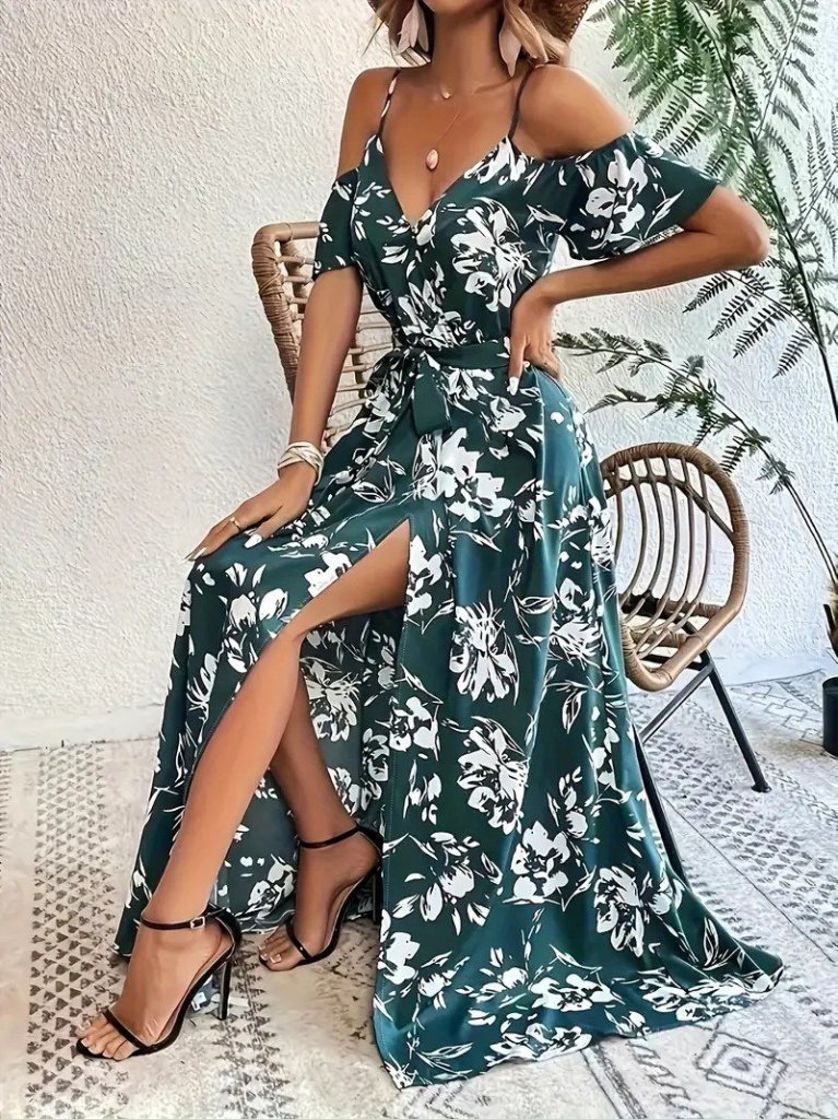 Yeşil Boho Maksi Sarmalı Çiçekli V Yaka Elbise