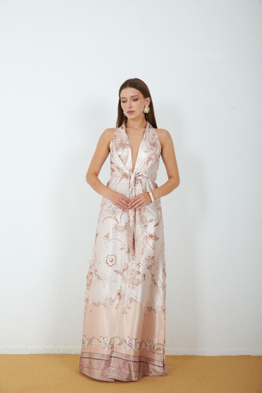 Zarif Bej Wrap Elbise Halter Yaka İle