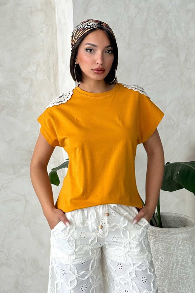 Omuzu Dantelli Tshirt - Hardal