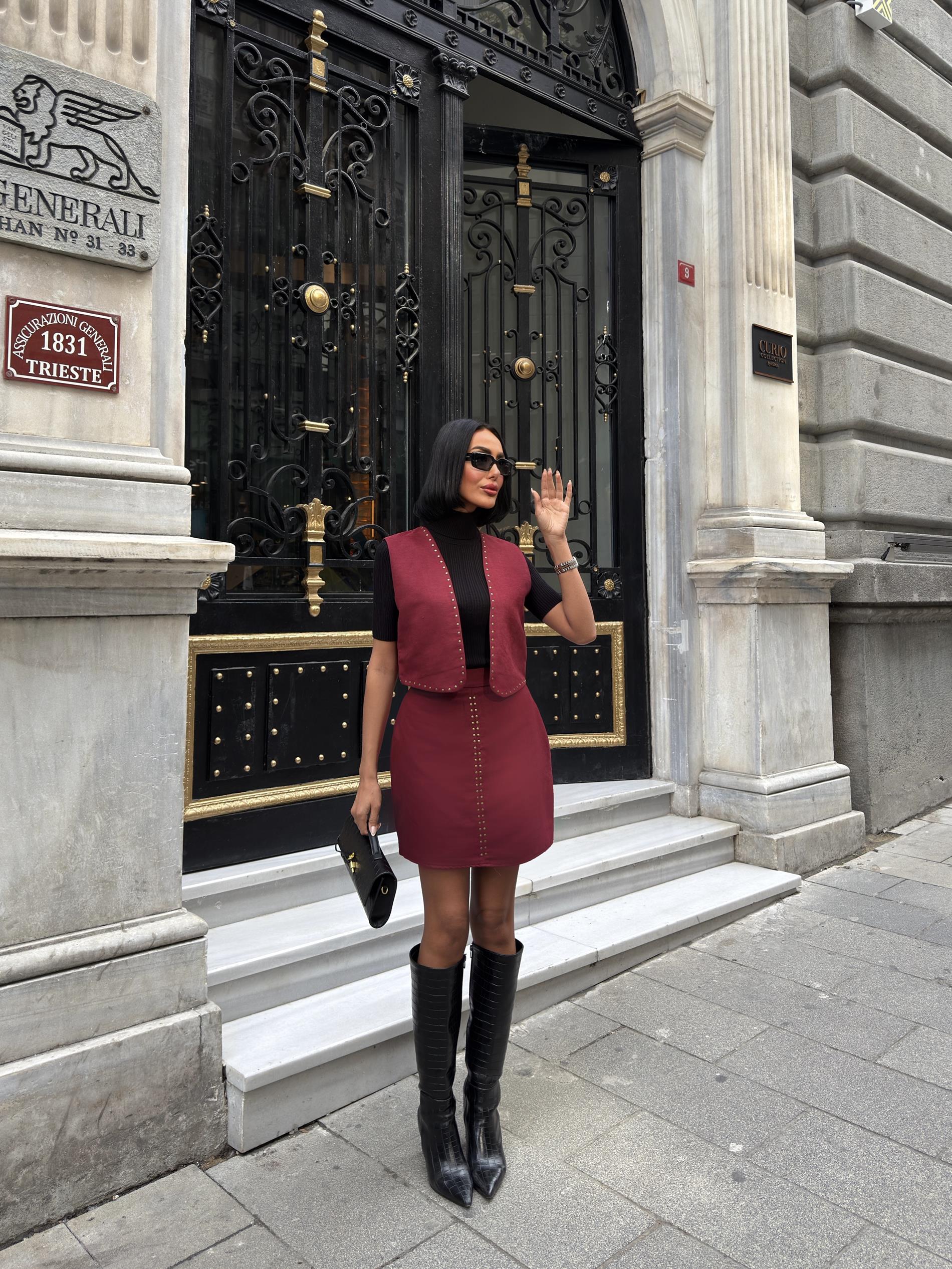 Orta Bel Bordo Bodycon Mini Etek  Fermuarlı