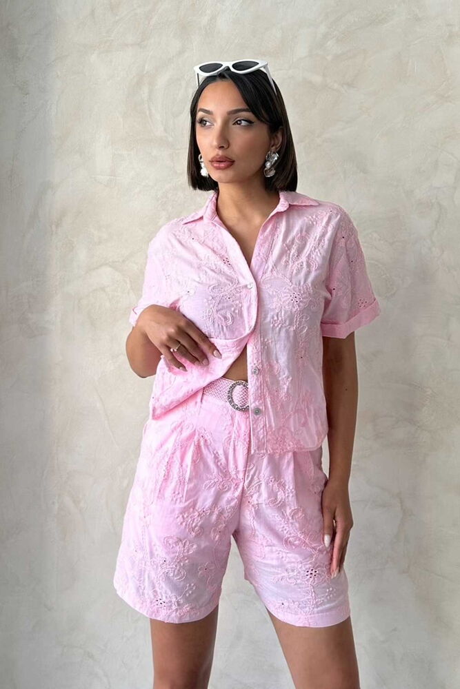 Nakışlı Vual Gömlek - Pembe