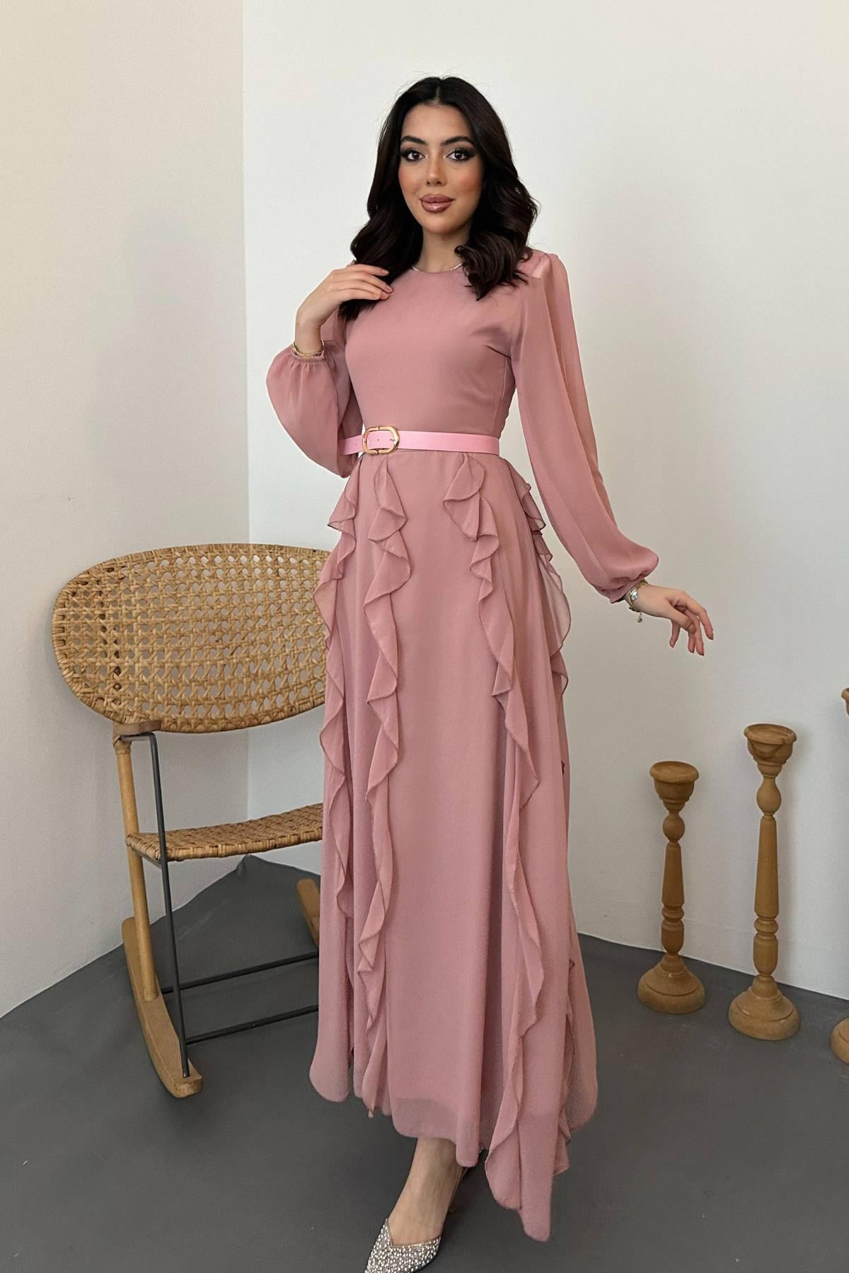 Zarif Pembe Fit & Flare Uzun Kollu Elbise