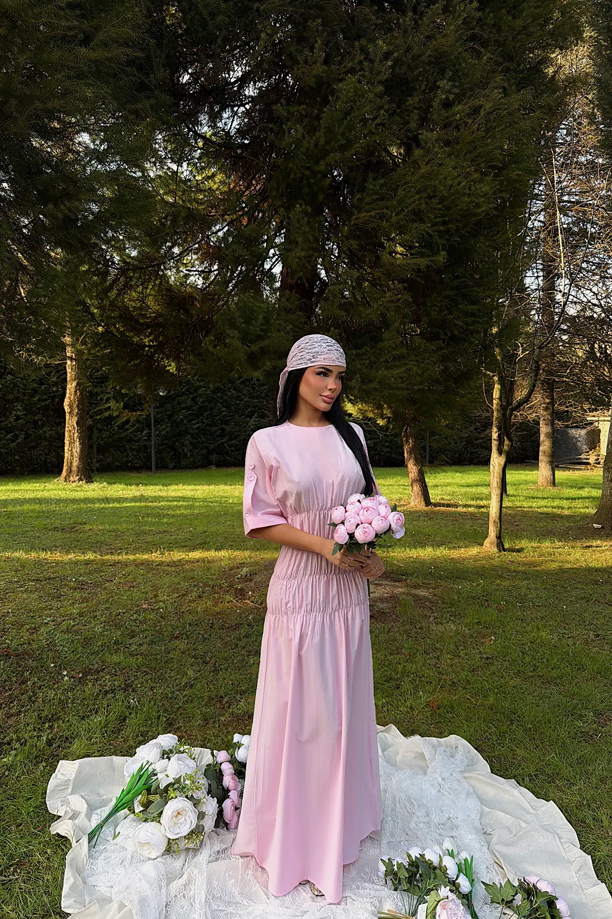 Pembe Shift Elbise Yarım Kollu Ve Yuvarlak Yaka