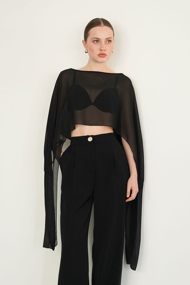 Siyah Zarif Crop Bluz Ekstra Uzun Kollarla