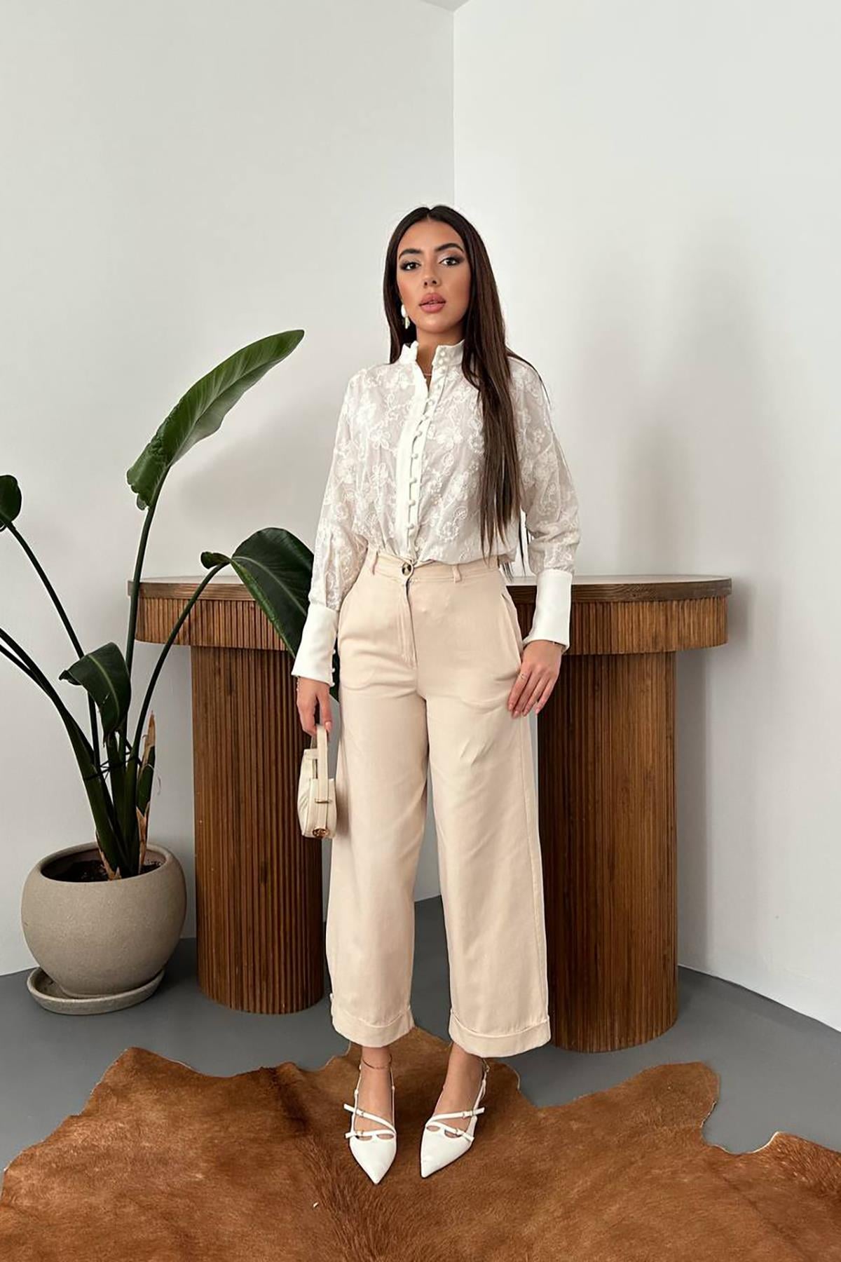 Bej Culottes Pantolon Geniş Paça Ve Yan Cepli