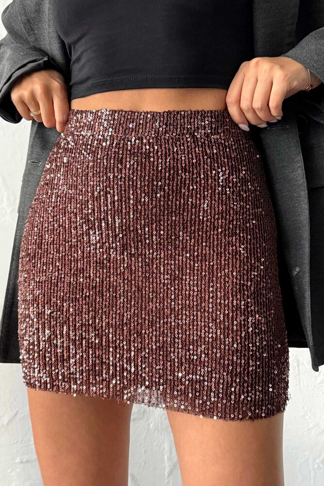 Bordo Payetli Bodycon Mini Etek
