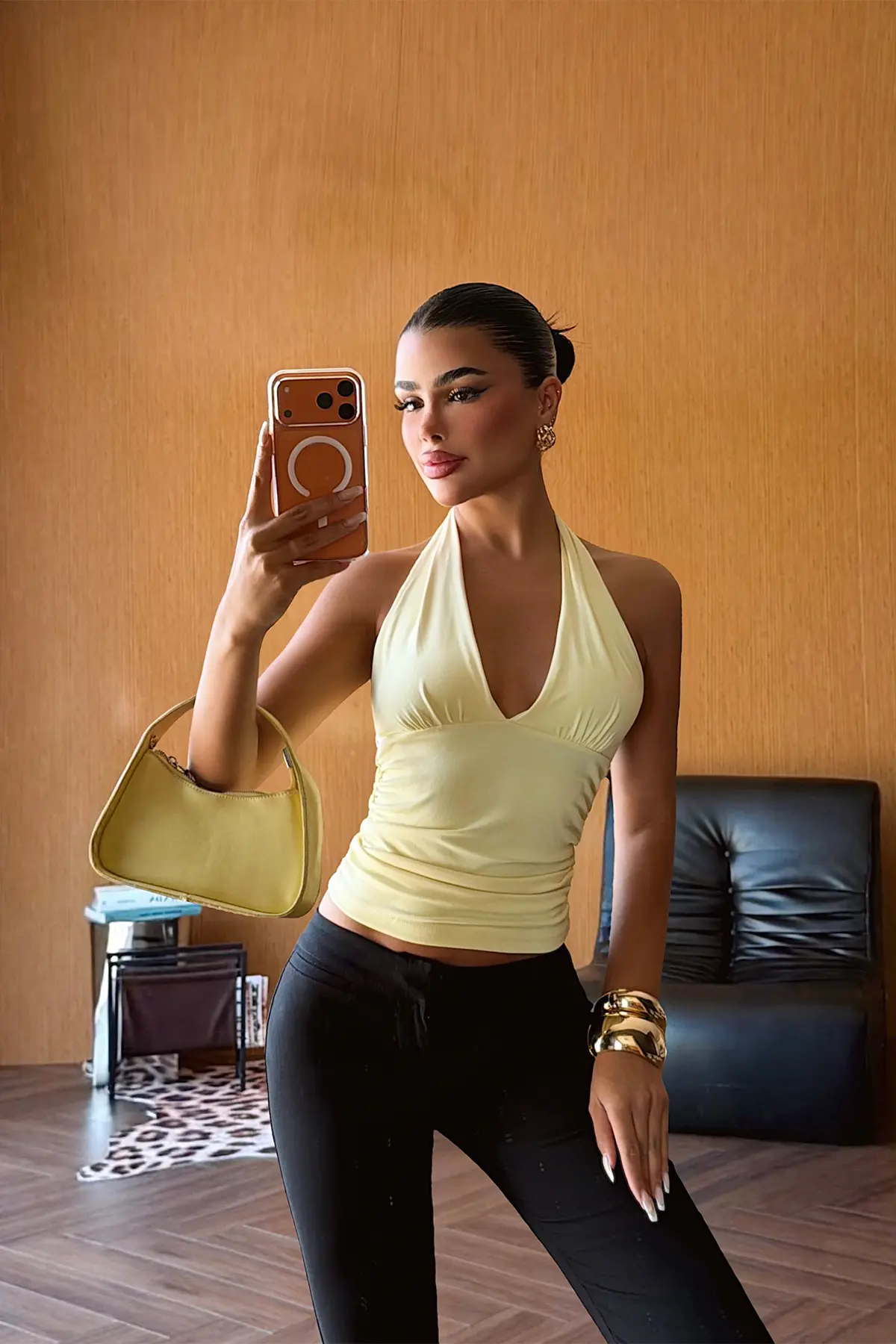 Sarı Crop Top Halter Yaka Ve Japone Kollu