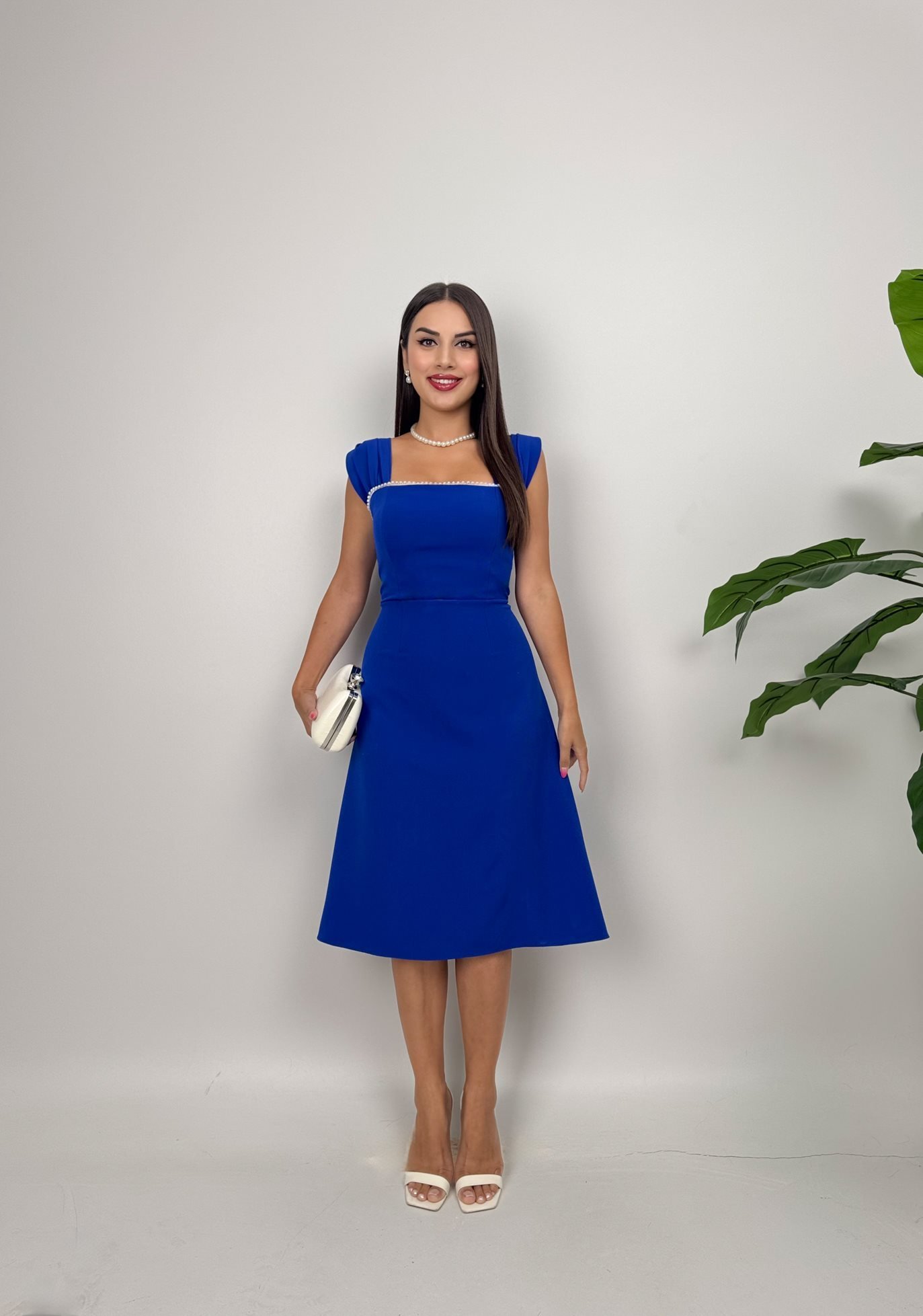 Elegant Mavi A Kesim Midi Elbise Kare Yaka