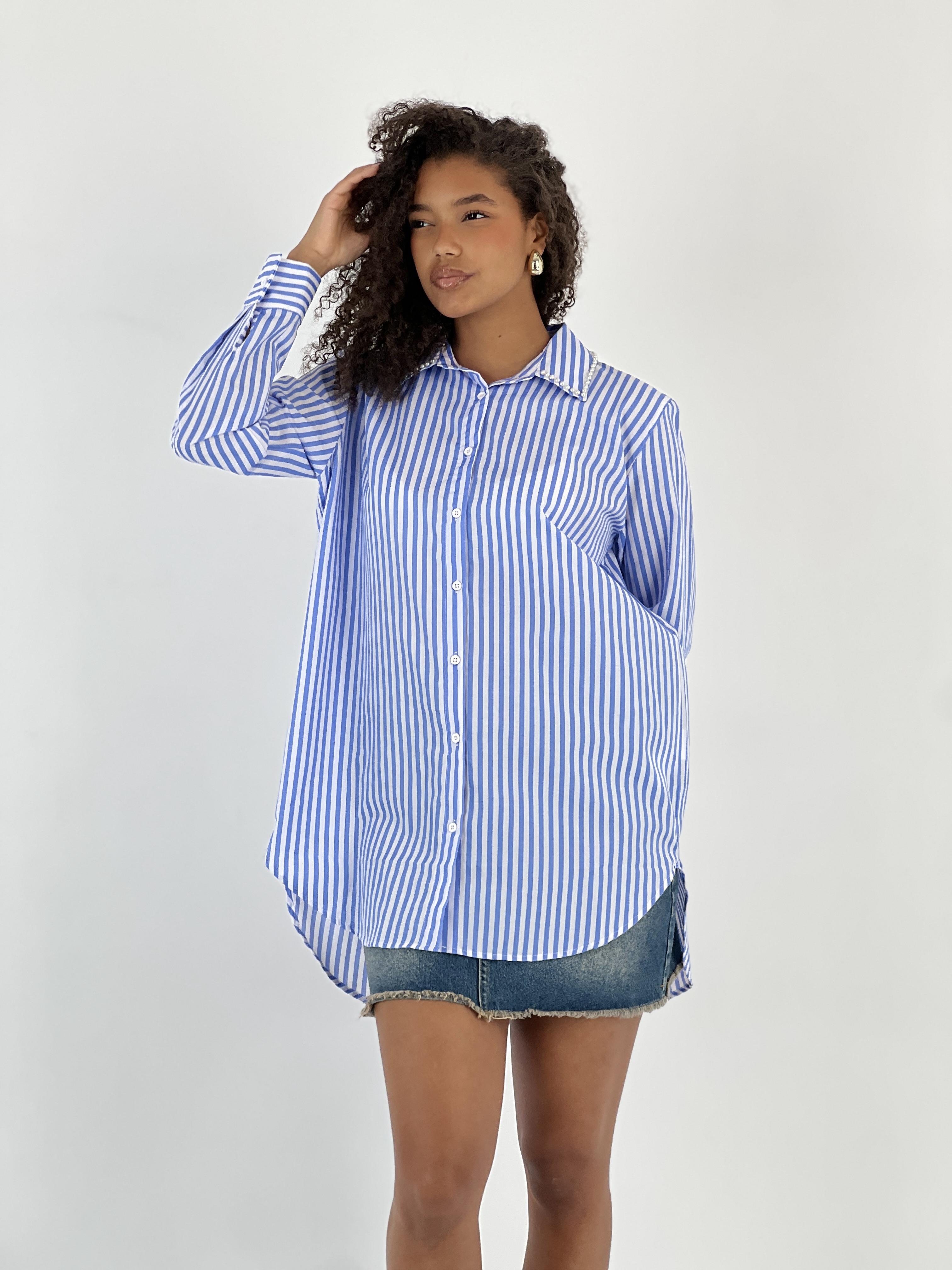 Mavi Oversize Çizgili Polo Yaka Gömlek