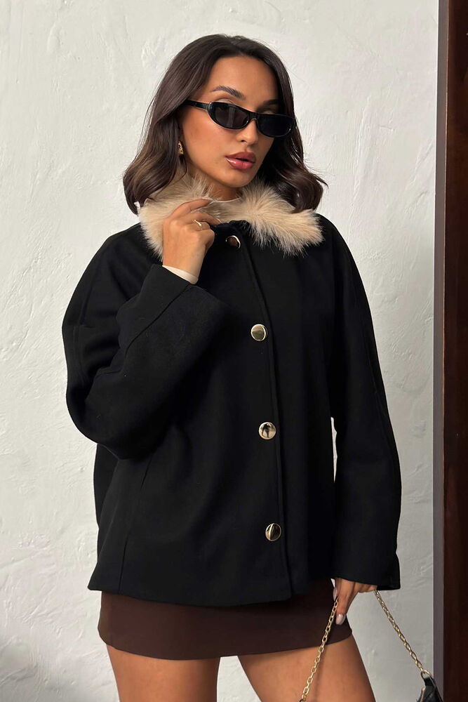 Siyah Oversize Tek Düğmeli Kürk Kaban