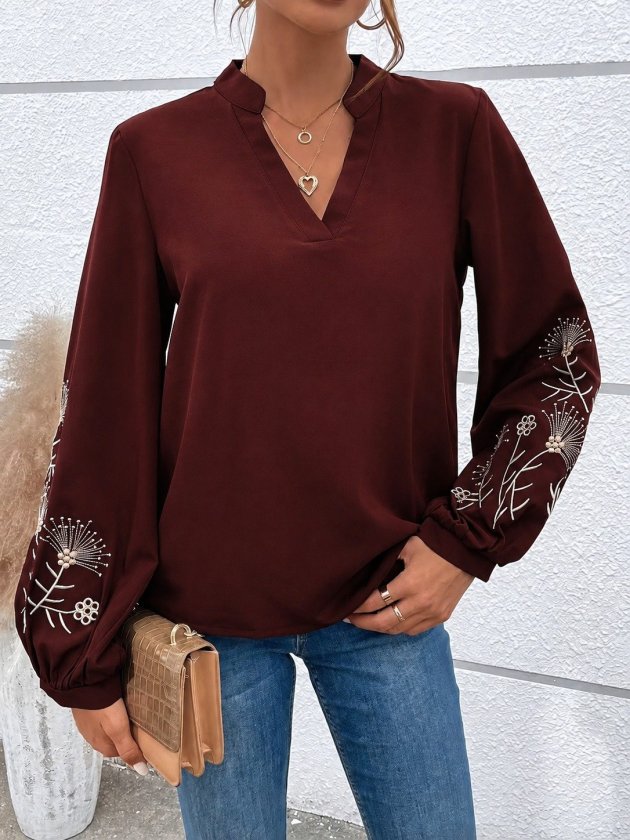 Bordo Bluz  Çiçek Desenli Ve Reglan Kollu