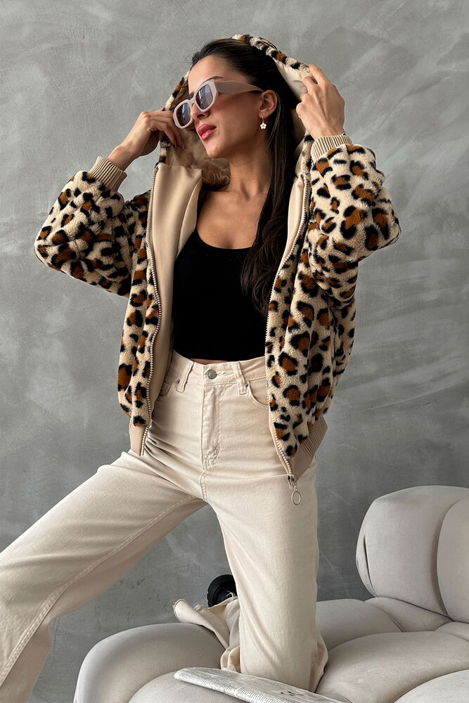 Leopar Bakılı Pelüş Mont - Taş