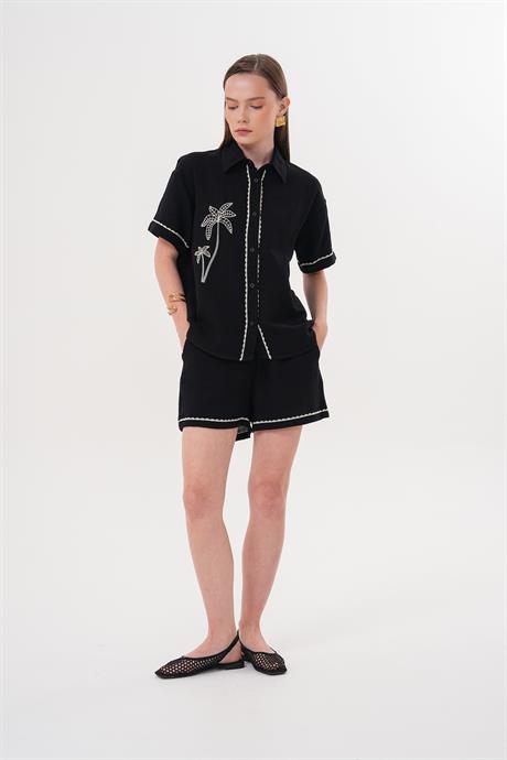 Şort Siyah Bermuda Orta Bel Düğmeli - Black Bermuda Shorts Mid Waist Buttoned