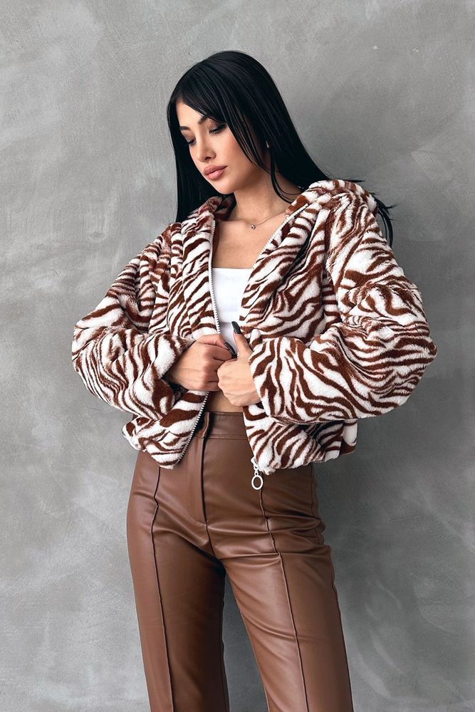 Zebra Baskılı Peluş Mont - Ekru & Kahve