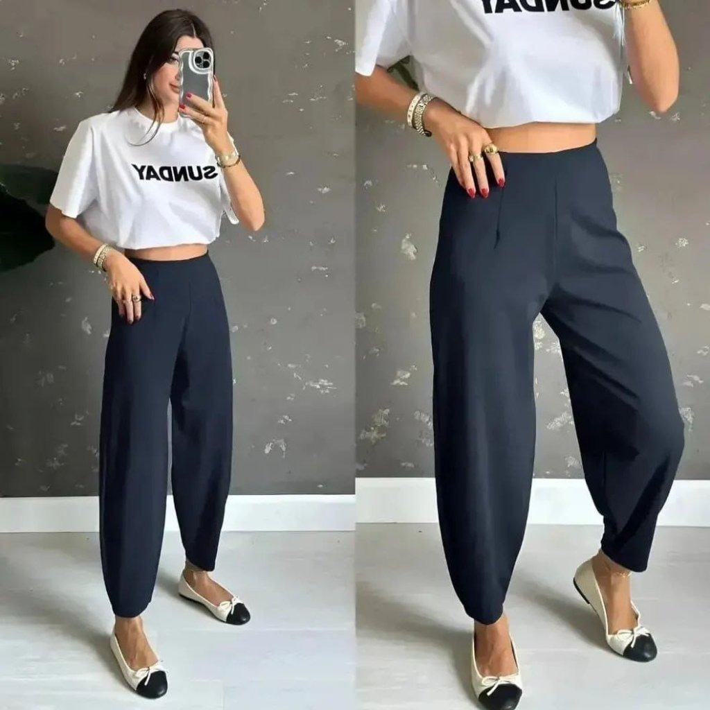 Kadın Yüksek Bel Krep Pantolon  - Lacivert