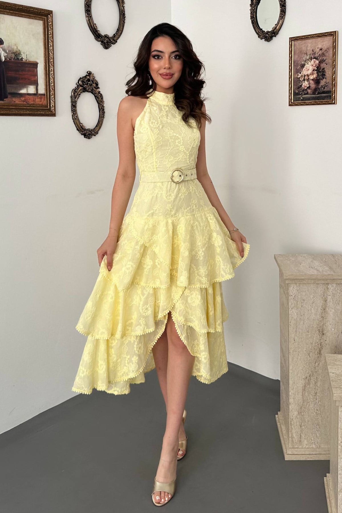 Sarı Zarif Fit & Flare Elbise