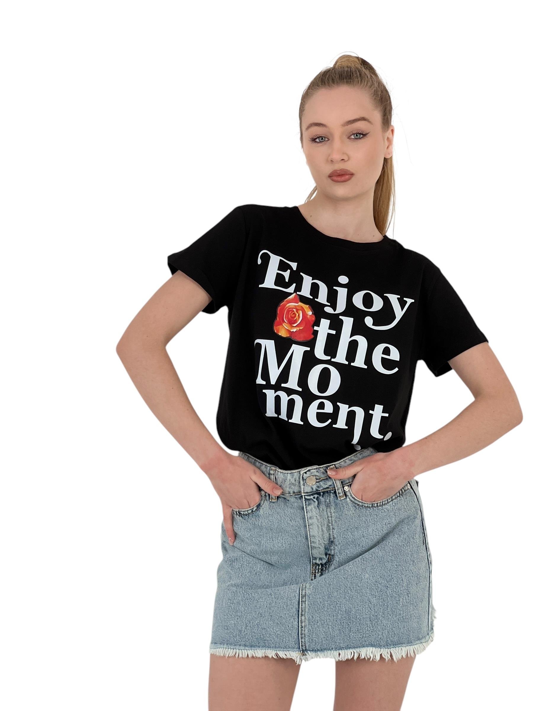 The Moment Baskılı Siyah Oversize T-shirt