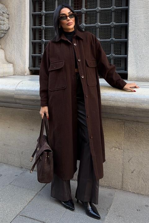 Kahverengi Kaban – Oversize Düğmeli Uzun Shacket
