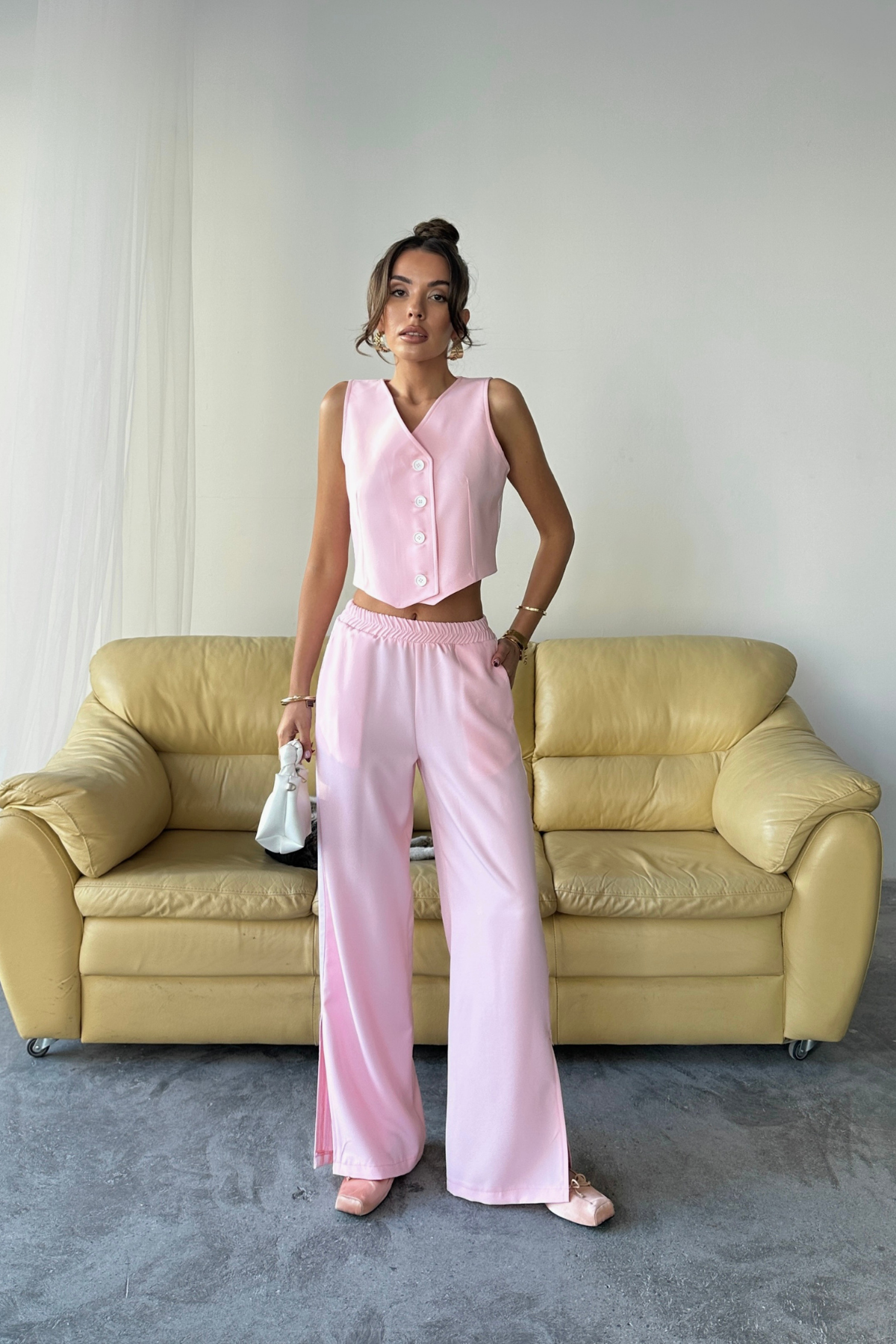 Pembe Palazzo Pantolon İp Büzgülü Ve Geniş Paça