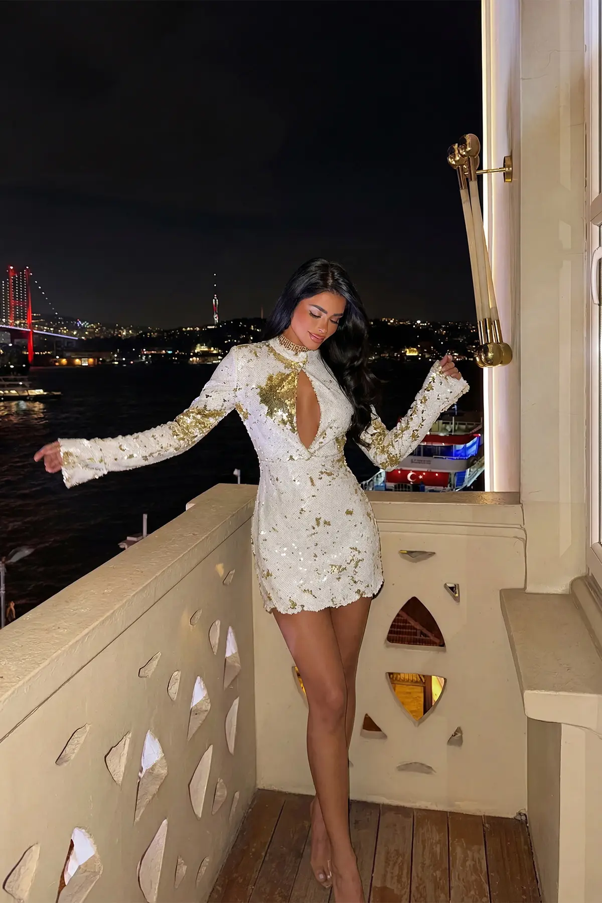 Beyaz Seksi Işıltılı Bodycon Mini Elbise