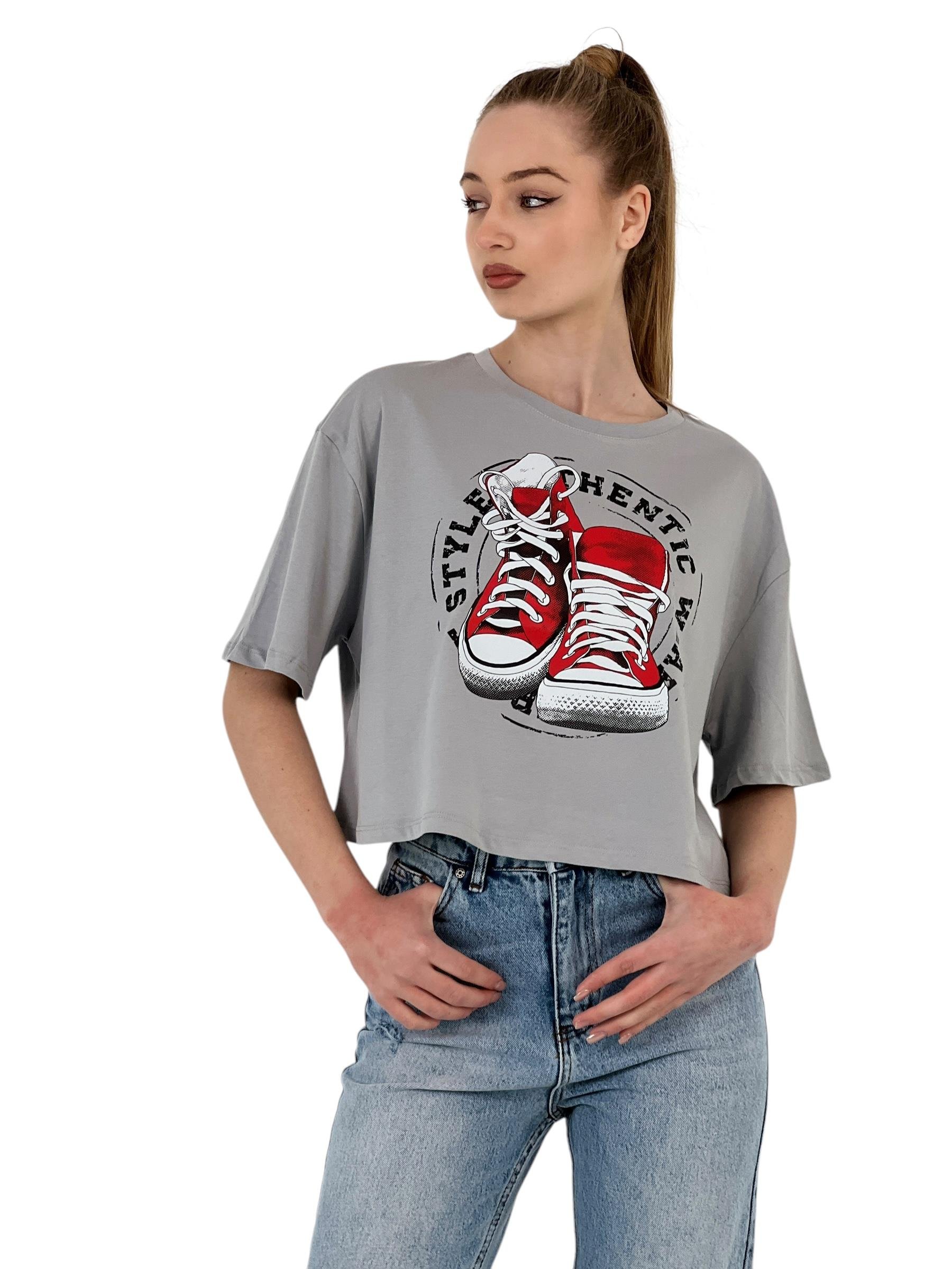 Oversize Baskılı Kısa Kol Beyaz Crop Tişört