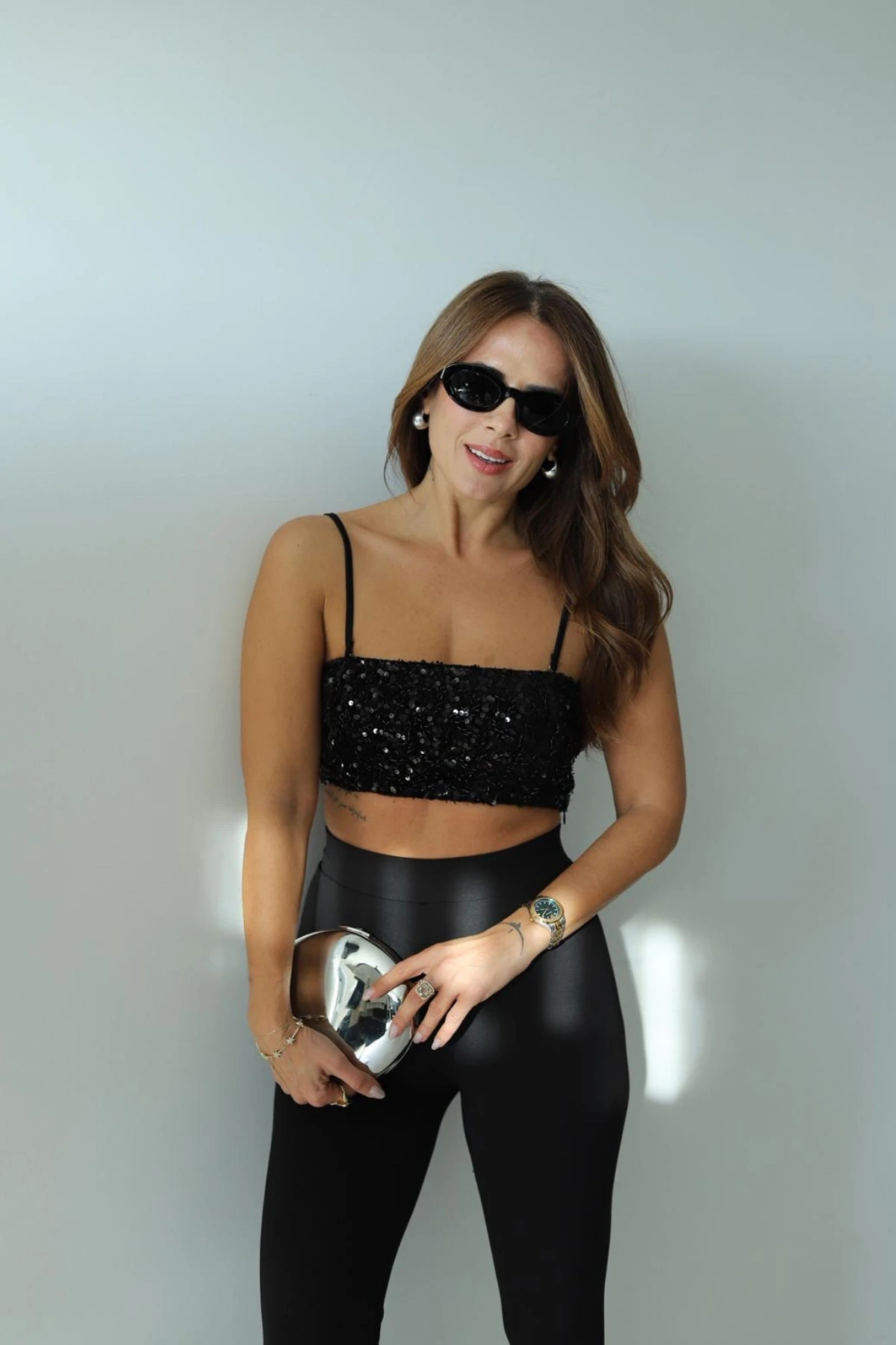 Siyah Payetli Seksi Işıltılı Ekstra Dar Kalıp Crop Top
