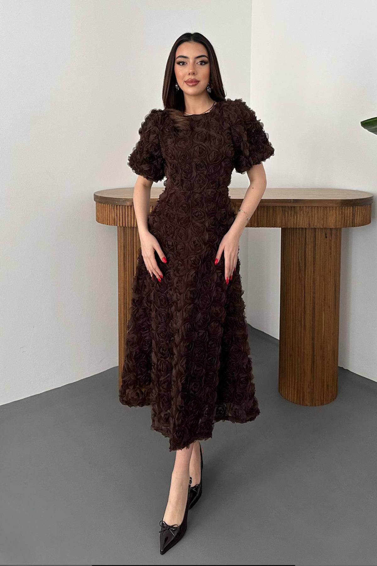 Kahverengi Zarif Fit & Flare Elbise