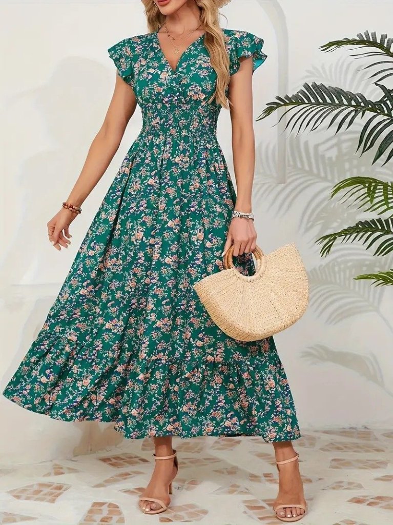 Yeşil Fit & Flare Midi Elbise Fırfırlı Japone Kollar