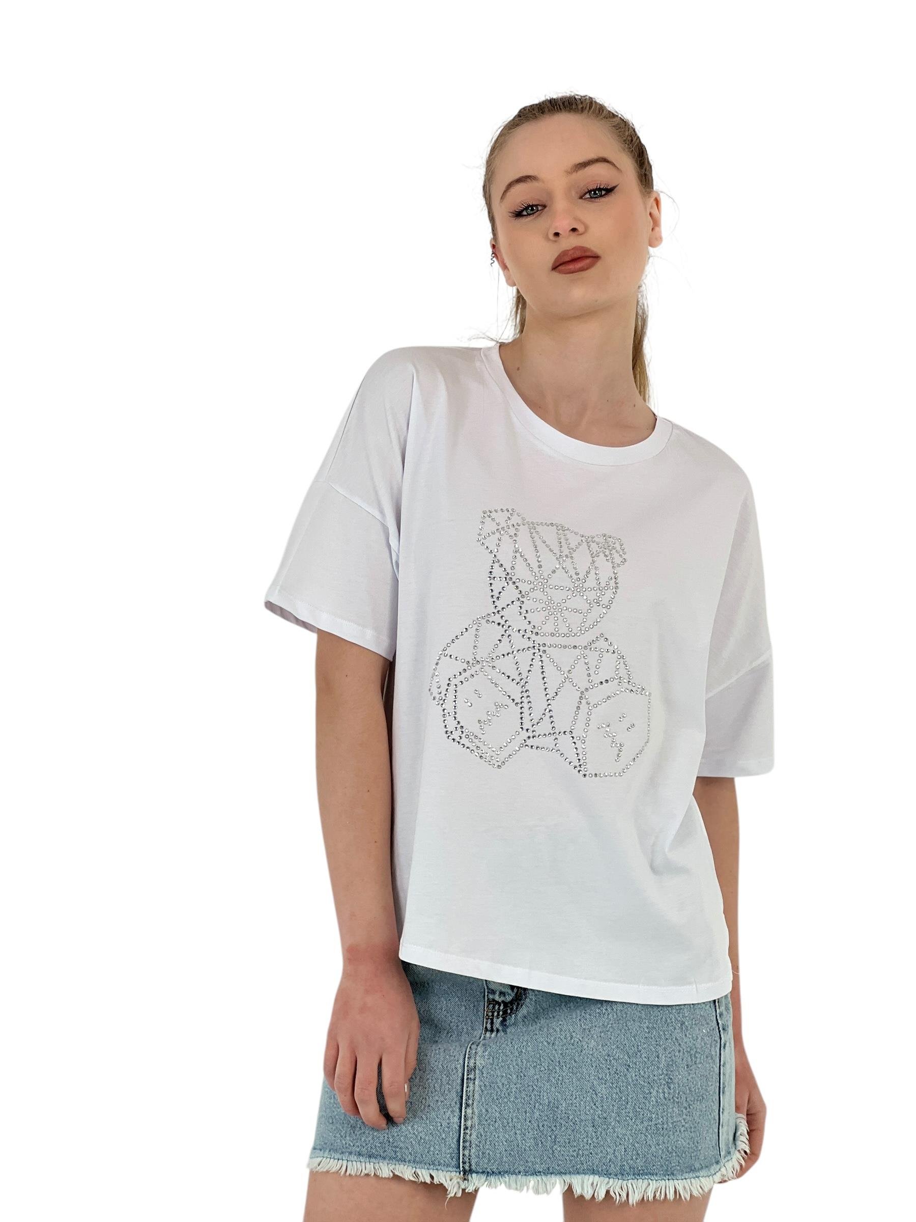 Taş İşlemeli Geometrik Ayıcık Oversize Tişört – Siyah & Beyaz