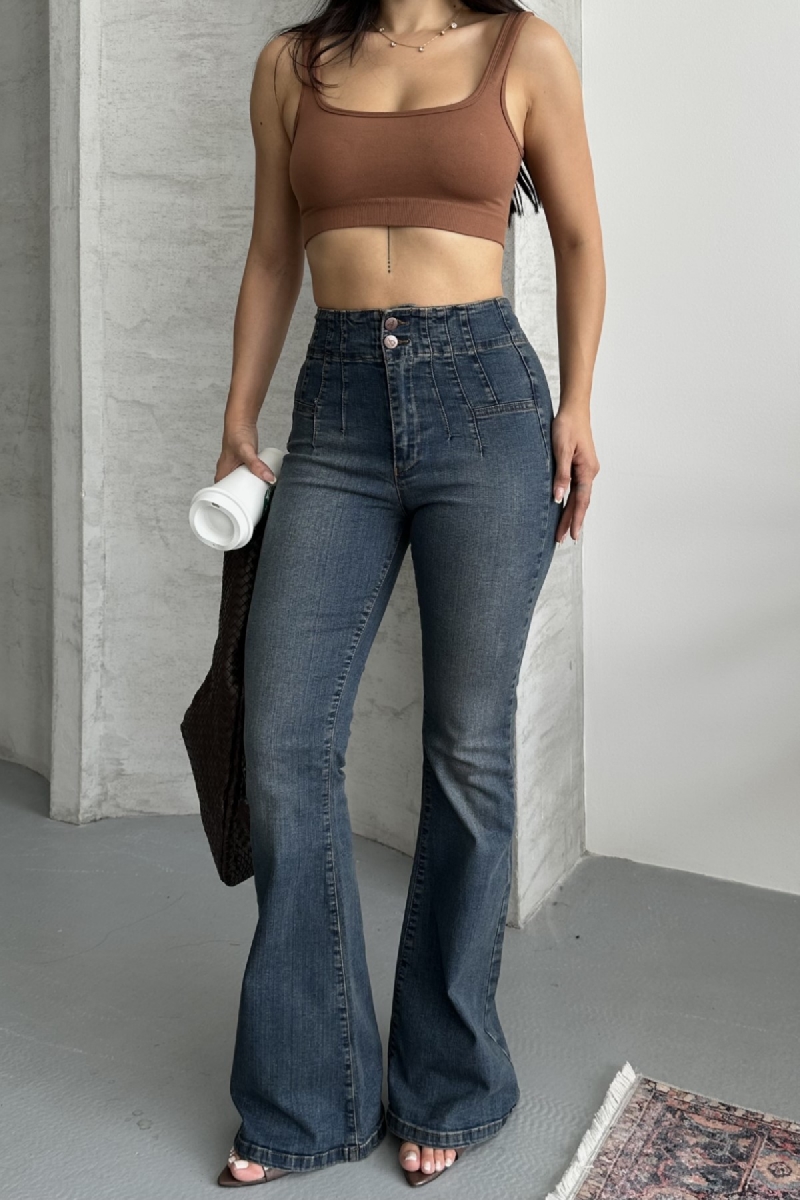 Mavi Seksi Gündelik Nostaljik Retro Mom Kot Pantolon