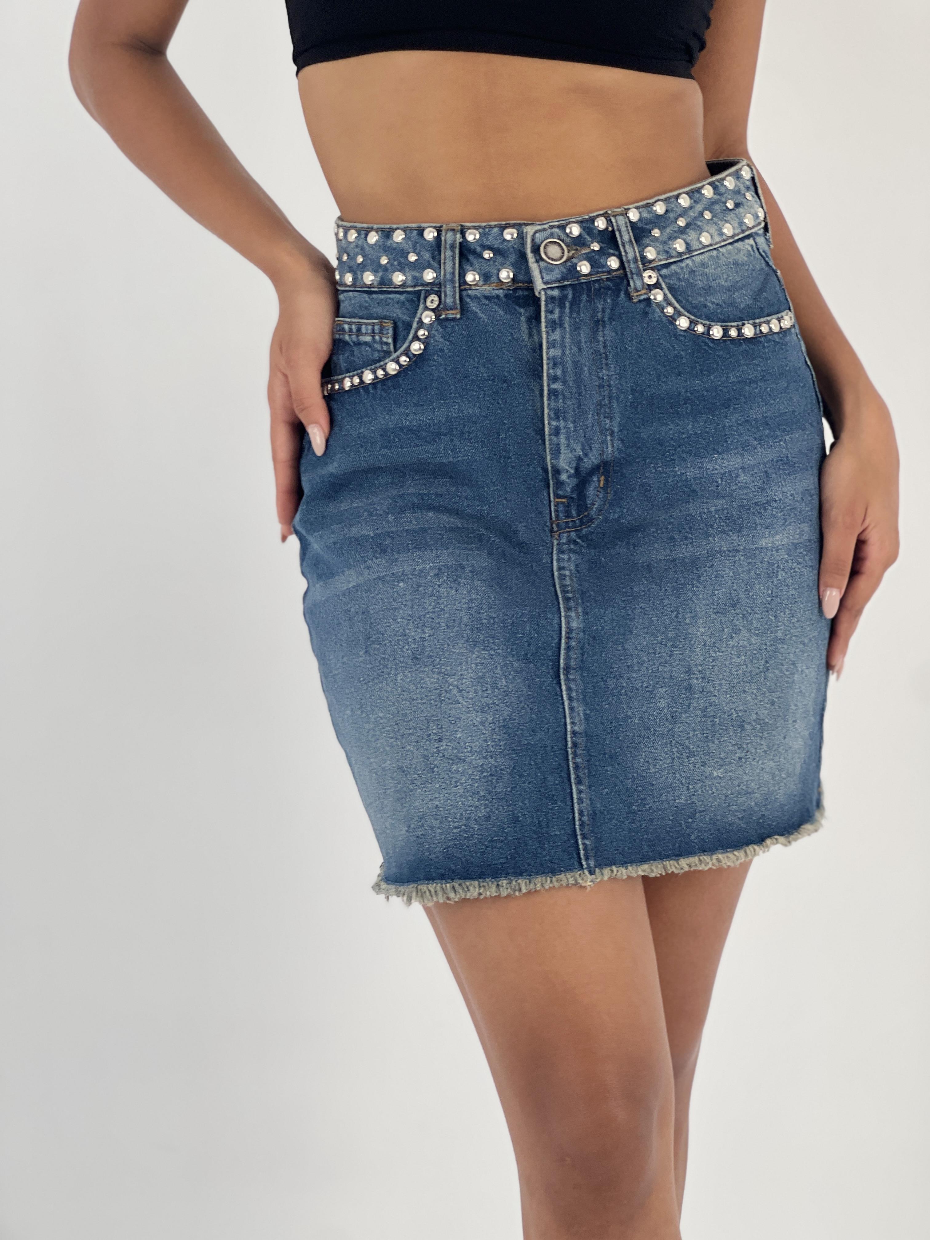 Mavi Bodycon Mini Etek Yama Cepli