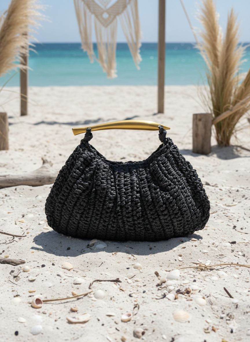 Çıtçıtlı Hasır Çanta 33x20 Cm - Siyah