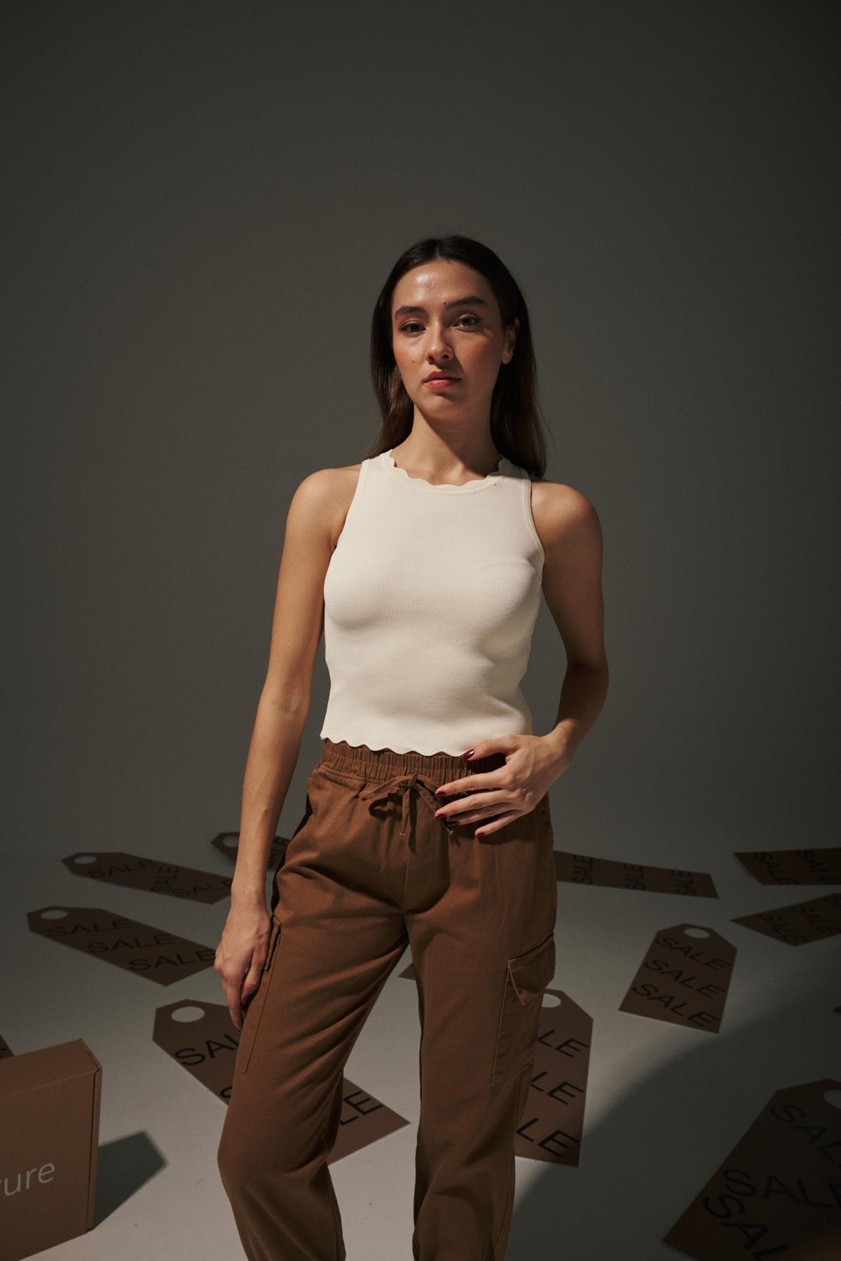 Gabardin Beli Lastik Kadın Pantalon - Taba