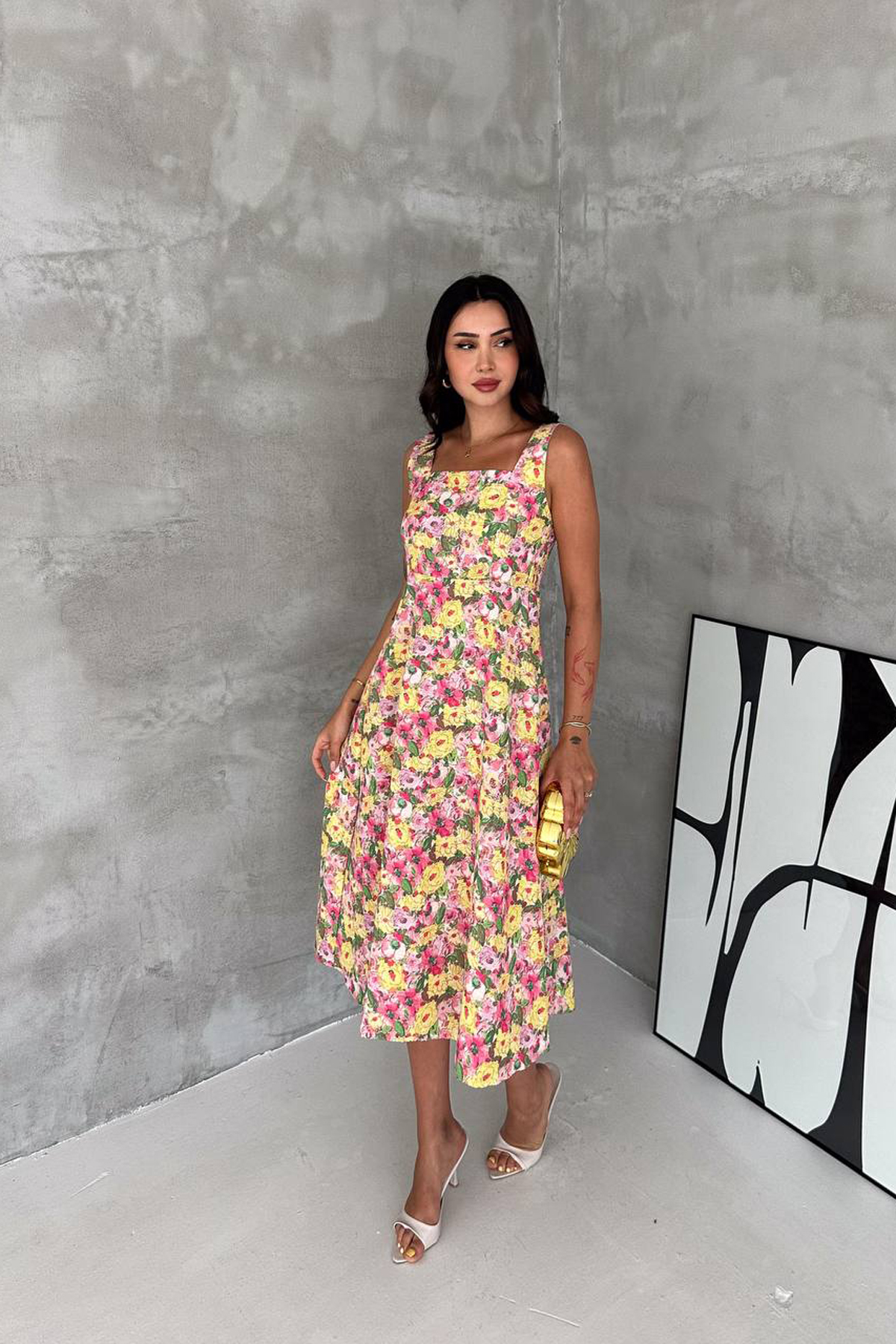 Sarı Fit & Flare Çiçekli Desenli Elbise