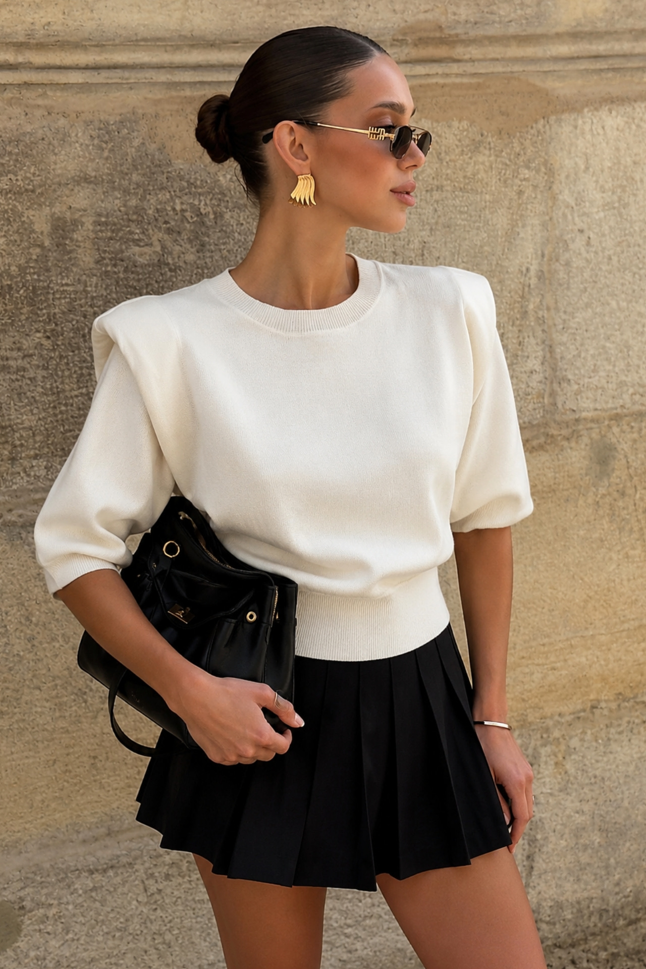Beyaz Bluz Zarif Gündelik Kolej Yarım Kol Bisiklet Yaka
