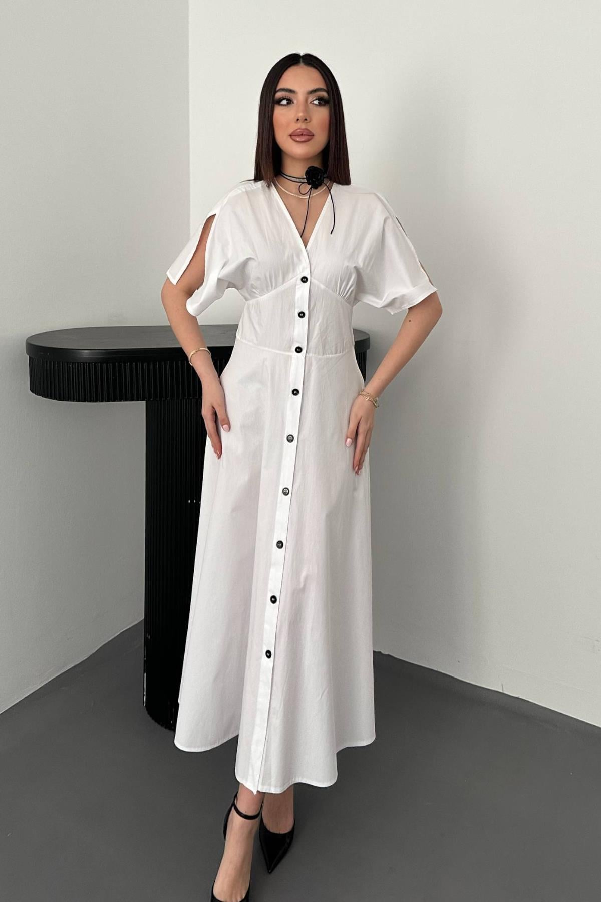 Zarif Beyaz Fit & Flare Midi Elbise