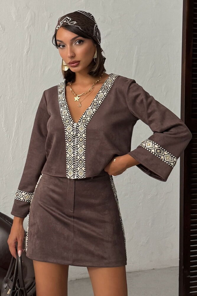 Kahverengi Boho V Yakalı Bluz Standart Kol