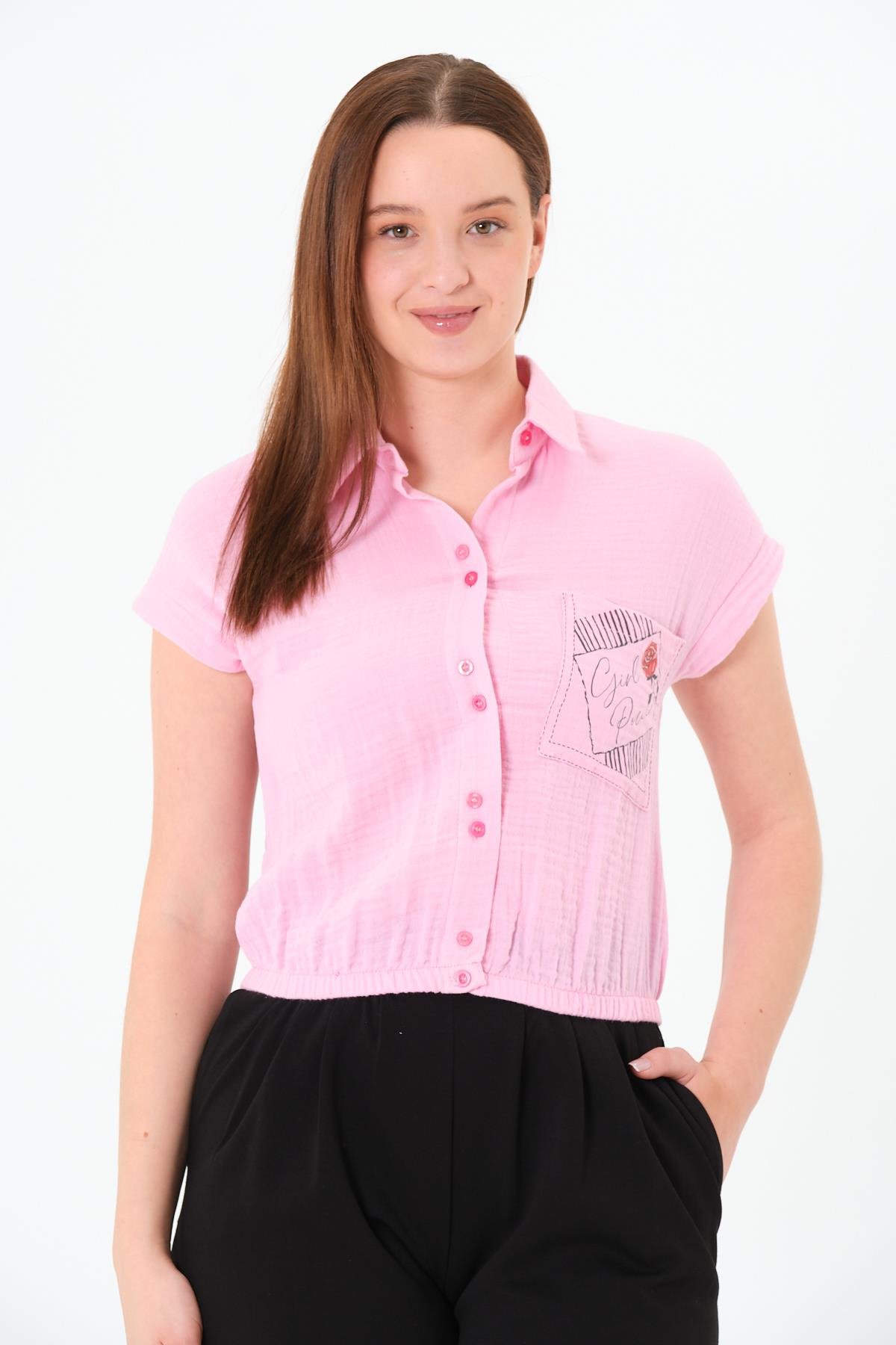 Pembe Gündelik Crop Gömlek Düğmeli