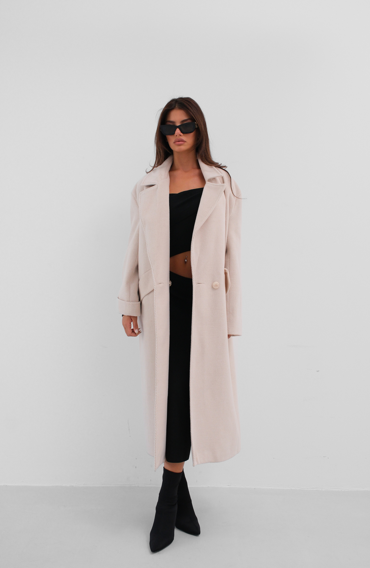 Balıksırtı Oversize Kaban - Bej