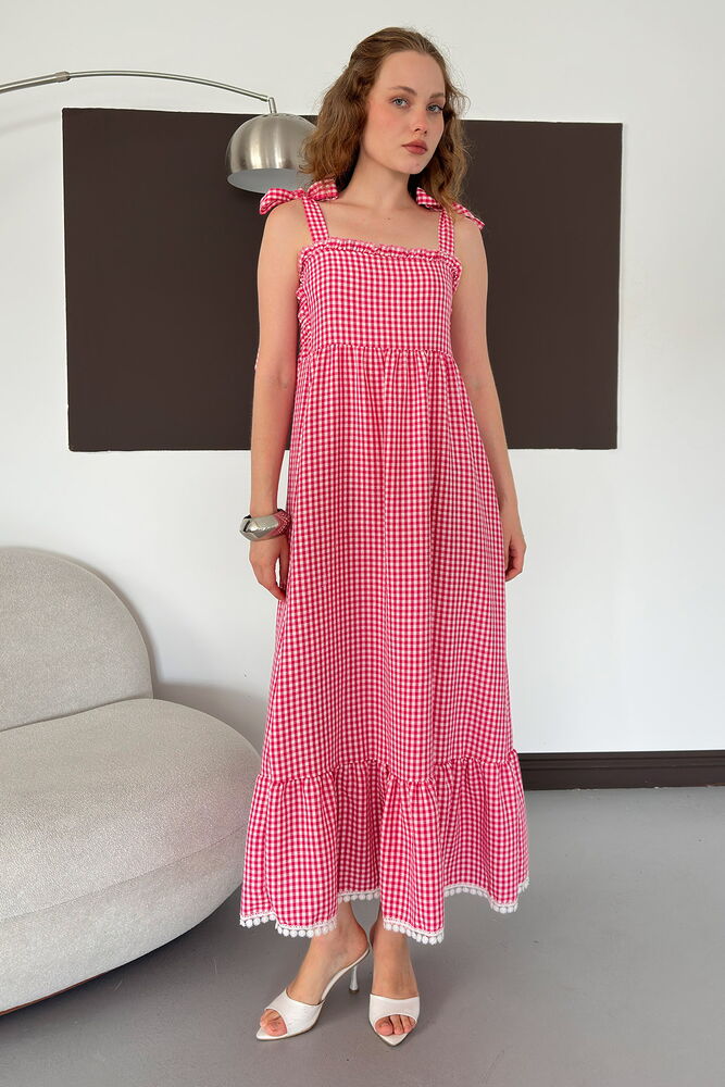 Kırmızı Pöti Kareli Babydoll Elbise Kare Yaka